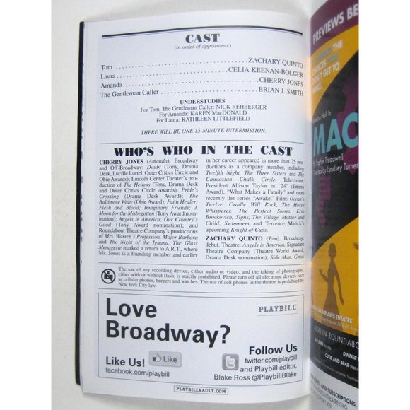 Glass Menagerie Playbill December 2013 Cherry Jones Zachary Quinto Keenan NYC - Picture 5 of 6